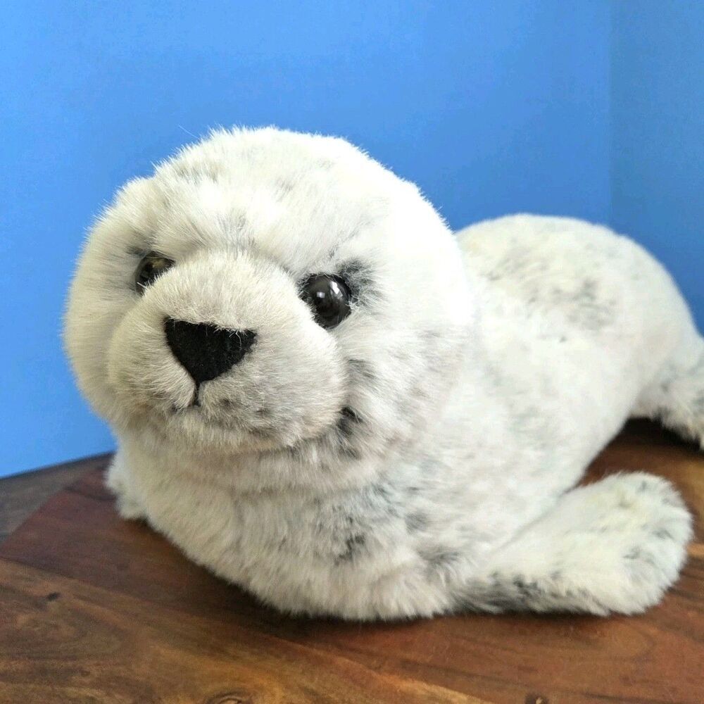 FAO Schwarz Seal Pup Plush Stuffed Animal Appr 16" Super Soft Stuffy White/Gray
